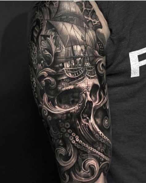 Pirate Tattoo Sleeve, Ship Tattoo Sleeves, Pirate Skull Tattoos, Nautical Tattoo Sleeve, Octopus Tattoo Sleeve, Kraken Tattoo, Tattoo Wallpaper, Sanskrit Tattoo, G Tattoo