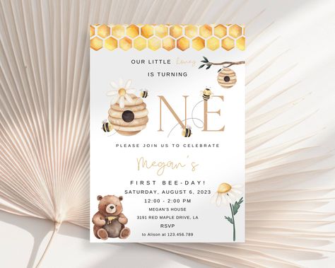 Editable Bee Birthday Invitation, Honey Bee Birthday Party, Bee 1st Birthday, Bumble Bee Theme Invites,  Printable Template Instant Download by DanielaDaintyDesigns on Etsy Honey Bee Birthday Party, Bee 1st Birthday, Honey Bee Birthday, Bumble Bee Theme, Bee Birthday Party, Bear Invitations, Bee Birthday, Bee Theme, Theme Design