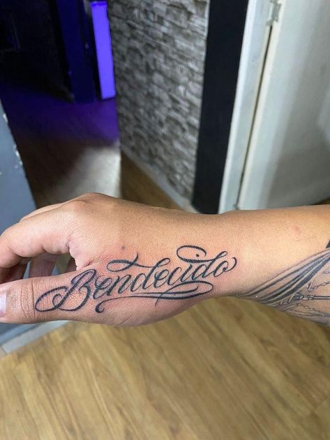 Lettering Hand Tattoos For Guys, Old Lettering Tattoo, Hand Name Tattoos For Guys, Josiah Name Tattoo, Mexican Font Tattoo, Hand Tattoos Script, Cursive Words Tattoos, Spanish Lettering Tattoos, Hand Tattoos Lettering