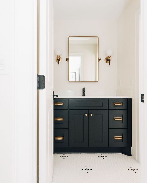 Alma Homes (@almahomes) • Instagram photos and videos Best Vanity Mirror, Penny Tiles Bathroom, Alma Homes, Herringbone Wall, Best Bathroom Vanities, Penny Tile, Black Vanity, Tile Trends, Jack And Jill Bathroom