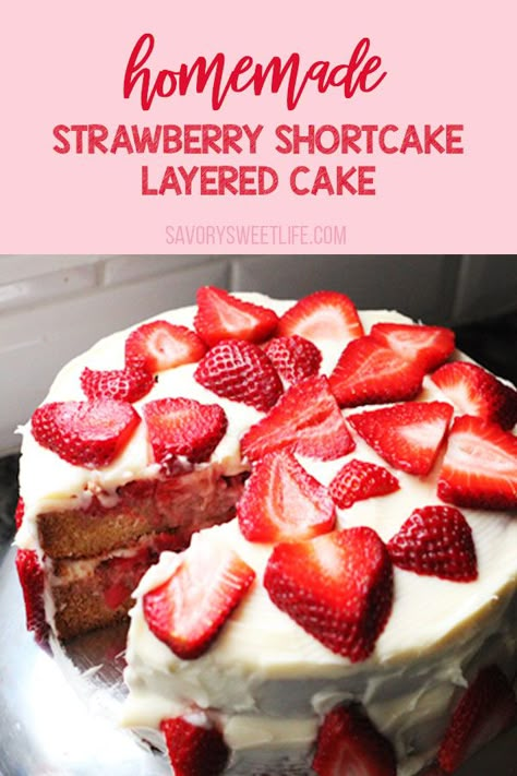 STRAWBERRY SHORTCAKE CAKE – This strawberry shortcake cake recipe by The Pioneer Woman, Ree Drummond, is made of layers of dense vanilla butter cake and filled homemade cream cheese frosting and fresh sweetened strawberries. Add candles to it for the perfect Strawberry Shortcake Birthday Cake or just enjoy as is! Shortcake Cake Recipe, Strawberry Shortcake Birthday Cake, Vanilla Butter Cake, Mousse Au Chocolat Torte, Homemade Cream Cheese Frosting, Homemade Strawberry Shortcake, Shortcake Cake, Homemade Cream Cheese, Strawberry Shortcake Cake