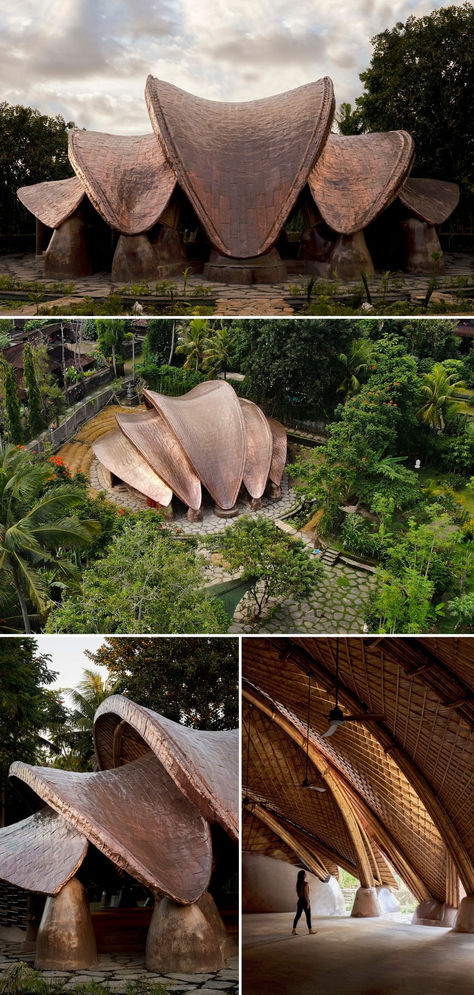 The Lumi Shala is a #wellness space at the Alchemy Yoga Center in #Bali. Featuring natural materials with artisanal and innovative systems, its form facilitates balance. Encircled by earthen walls that offer support for #yoga practices, it has a comforting sense of enclosure. #ArchitectureProjects #ArchitecturalDesign #OrganicArchitecture #ModernArchitecture #ArchitecturalInspiration #ArchitecturalPhotography Modern Nature Aesthetic, Bio Design Architecture, Nature Based Architecture, Biomicry Architecture, Nature Shapes Inspiration, Organic Plans Architecture, Organic Form Architecture, Wellness Center Architecture, Yoga Architecture