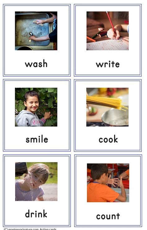 Montessori Printables Verbs For Kids, Free Educational Printables, Vocabulary Flash Cards, Color Words, Action Cards, Toddler Activity, Action Verbs, Action Words, Printable Flash Cards