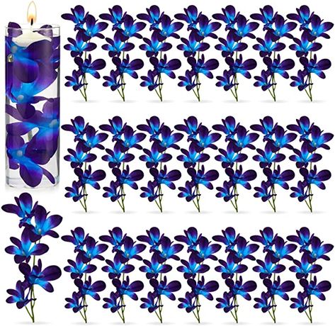 Blue Orchid Centerpieces, Blue Floating Candles, Orchid Centerpieces Wedding, Blue Orchid Wedding, Purple Wedding Tables, Wedding Table Toppers, Blue Orchid Flower, Blue Purple Wedding, Purple Wedding Centerpieces