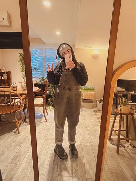 Overall Hoodie Outfit, Overalls Hoodie Outfit, Overalls And Hoodie Outfit, Hoodie And Overalls Outfit, Hoodie Under Overalls, Doc Martens Overalls, Granola Girl Overalls Outfit, Goblincore Overalls, Overalls Outfit Goblincore