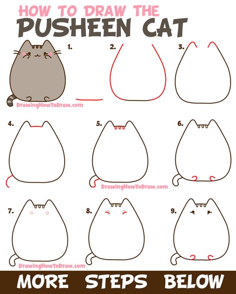 Easy Cat Drawing Ideas, Draw Kitty Easy, How To Draw Pusheen Step By Step, Simple Cat Drawing Step By Step, Cat Drawings Step By Step, Simple Cat Drawing Sketches, How To Draw A Kitten, How To Draw A Cat Step By Step Easy, Cute Cat Doodles Easy