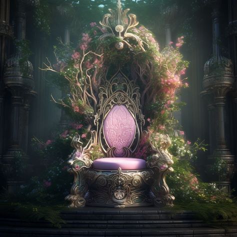 Queen Throne Aesthetic, Throne Room Fantasy Art, Nature Throne, Throne Concept Art, Fantasy Throne Room, Forest Throne, Throne Aesthetic, Queens Throne, Fae Kingdom