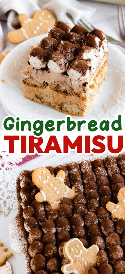 Gingerbread Tiramisu – Fun twist on the classic dessert, this easy Gingerbread Tiramisu will sure to be the hit at your Christmas party! Inspired by the classic Christmas flavor, this gingerbread dessert won’t disappoint! Ginger Bread Dessert Ideas, Eggnog Gingerbread Tiramisu, Christmas Dinner Party Desserts, Gingerbread Christmas Desserts, Deserts For Christmas Dinner, Christmas Potluck Ideas Desserts, Potluck Christmas Desserts, Gingerbread Deserts, Christmas Brunch Dessert Ideas