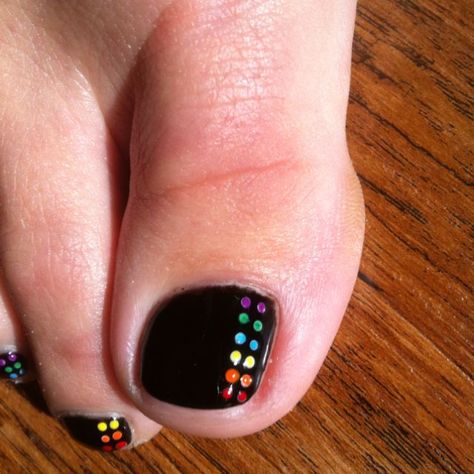 Pride Pedicure - This looks super cute against a nude/clear polish background as well. The dots are tricky but easier than doing straight (ha!) rainbow stripes. Rainbow Toe Nails, Toenail Polish Designs, Rainbow Nails Design, Pedicure Designs, Polka Dot Nails, Toes Designs, Toe Nail Designs, Get Nails, Rainbow Nails