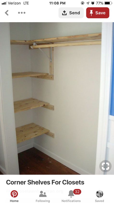 Tall Ceiling Closet Storage, Dormer Closets, Long Narrow Closet Organization, Long Narrow Closet Ideas, Small Deep Closet, Long Narrow Closet, Narrow Closet Organization, Wooden Closet Shelves, Front Hall Closet