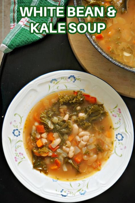 White Bean and Kale Soup, a light and healthy soup recipe that is vegan and vegetarian friendly. Packed with all the nature's goodness, this soup is really easy to make in well under 30 minutes, and it goes down well with the whole family. White Bean And Kale Soup, Bean And Kale Soup, White Bean And Kale, White Bean Kale Soup, Healthy Soup Recipe, Slow Cooker Beans, White Bean Soup Recipes, Cooking Dried Beans, Traditional Italian Dishes