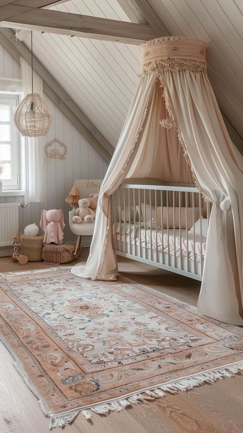 Cozy nursery room decor with white crib, plush toys, and vintage rug for a peaceful baby haven. Nursery Room Decor Ideas, Wooden Baby Crib, Rooms Inspiration, Nursery Room Rugs, Colorful Room, Dreamy Nursery, White Crib, Cozy Nursery, Nursery Style