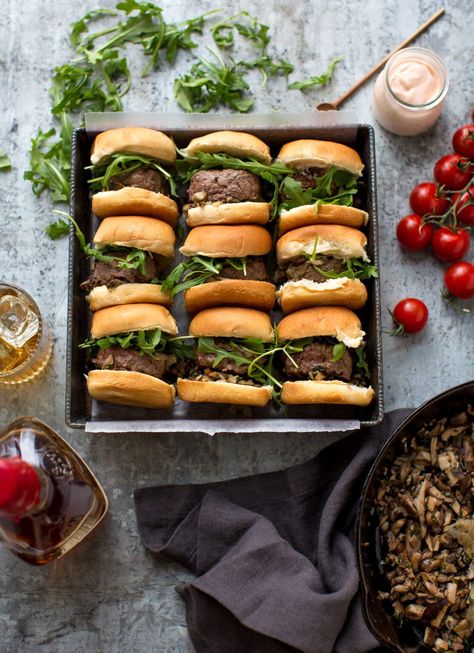 Bison Sliders - TableandDish Mini Burger Buns, Caramelized Onions And Mushrooms, Bison Meat, Burger Sliders, Stuffed Portabella Mushrooms, Baby Arugula, Grilled Burgers, Cook Off, Burger Buns