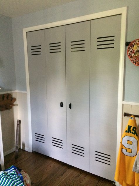 Locker Closet Doors, Closet Lockers Diy, Locker Room Nursery, Locker Room Bedroom Ideas, Locker Room Bedroom, Baseball Bedroom Decor, Closet Doors Painted, Football Room Decor, Sports Themed Bedroom