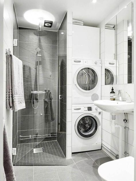 Laundry Bathroom Combo, Laundry Room Storage Shelves, Bathroom Shower Design, Laundry Room Bathroom, Small Showers, Tiny House Bathroom, Tiny Bathrooms, Bathroom Remodel Designs, Small Laundry