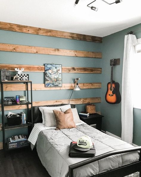 31 Spectacular & Unique Wood Accent Wall Ideas Cool Accent Wall Ideas Bedrooms, Wood Wall Treatments Living Room, Two Color Accent Wall Ideas, Bedroom Accent Wall Ideas Paint Colors Farmhouse, Creative Room Painting, Boys Bedroom Accent Wall Ideas, Wood Wall Bedroom Ideas, Teen Boy Accent Wall, Accent Wall Bedroom Wood