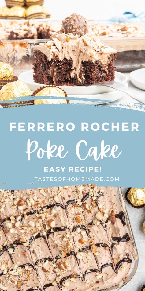 Indulge in the ultimate dessert with our irresistible Ferrero Rocher Nutella Poke Cake! This quick and easy recipe utilizes the convenience of boxed mixes, chocolate pudding, and Cool Whip topping for an indulgent, hazelnut-infused treat. The perfect way to satisfy your sweet cravings! Ferrero Rocher Tart, Ferrero Rocher Trifle, Desserts With Chocolate Cake Mix Boxes, Ferrero Rocher Recipes, Ferrero Rocher Cookies, Nutella Poke Cake, Chocolate Pudding And Cool Whip, Ferrero Rocher Cake Recipe, Ferrero Rocher Dessert