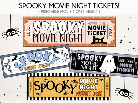 Spooky Movie Night tickets - INSTANT DOWNLOAD!  Perfect to use throughout the Halloween season with your family for movie night! ---------------------------------------------- Included: 1 PDF - 5 pages  -All 4 designs on one page (1 page) -Each design 4 per page (4 pages) ---------------------------------------------- This listing is for a DIGITAL FILE ONLY to be printed. Your file will come in the form of a high resolution PDF file as an IMMEDIATE DOWNLOAD. No printed materials will be shipped Halloween Town Movie Night, Halloween Movie Ticket, Halloween Drive In Movie, Halloween Movie Calendar, Halloween Movie Night Tickets, Kid Halloween Party Activities, Ticket Cinema, Spooky Movie Night, Movie Night Tickets