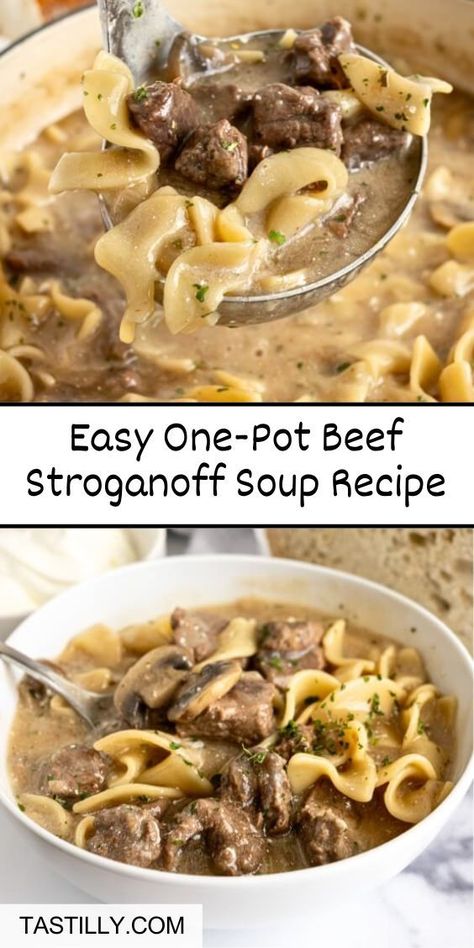 One-Pot Beef Stroganoff Soup Recipe! A cozy twist on a classic, featuring beef, mushrooms, and noodles in a creamy broth. Easy cleanup with one pot! #BeefSoup #OnePotRecipe #WeeknightMeals Stroganoff Soup Recipe, Beef Stroganoff Soup Recipe, Beef Stroganoff Soup, Stroganoff Soup, Classic Beef Stroganoff, Sweet Potato Recipes Fries, Creamed Beef, Cozy Soup, Beef Soup Recipes