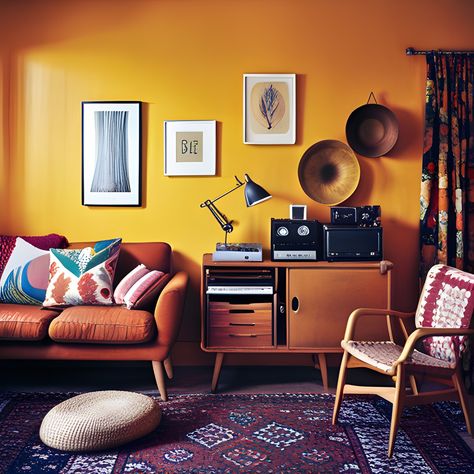 Dream living room warm 1960s retro interior Scandinavian minimalist ochre wood burnt orange Dream Living Room, Living Room Warm, Scandinavian Minimalist, Retro Interior, Dream Living, Burnt Orange, 1960s, Orange, Living Room