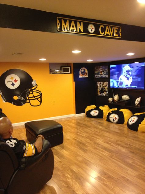 OUR STEELER MAN CAVE... Steelers Bedroom, Pittsburgh Steelers Man Cave, Sports Man Cave, Relaxing Pool, Ultimate Man Cave, Man Cave Room, Man Cave Basement, Sports Decor, Man Cave Home Bar