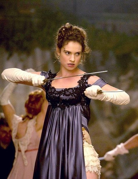 Lily James as Elizabeth Bennet, Pride and Prejudice and Zombies (2016) Pride Prejudice And Zombies, Jane Austen Movies, Pride And Prejudice And Zombies, Sam Riley, Zombie Movies, Elizabeth Bennet, Pride Prejudice, Costume Drama, Lily James