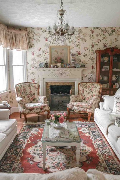 39 Grandmacore Aesthetic Ideas for Sweet and Pretty Home Decor Village Home Interior, Shabby Cottage Living Room, Grandma Aesthetic Room, Grandma House Aesthetic, Granny Core Aesthetic, Grandma Chic Decor, Grandmacore House, French Country Home Interiors, Grandma Room