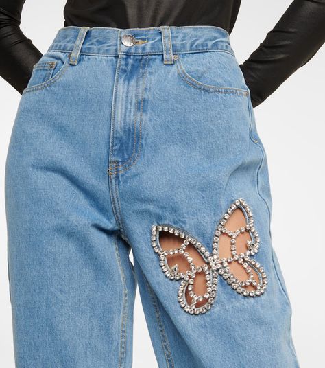 Area - Embellished cutout high-rise jeans | Mytheresa Jeans Skirt Outfit, Cut Out Jeans, Butterfly Cutout, Jeans Street Style, High Rise Straight Jeans, Custom Jeans, Custom Denim, Jacket Outfit, Jeans Diy