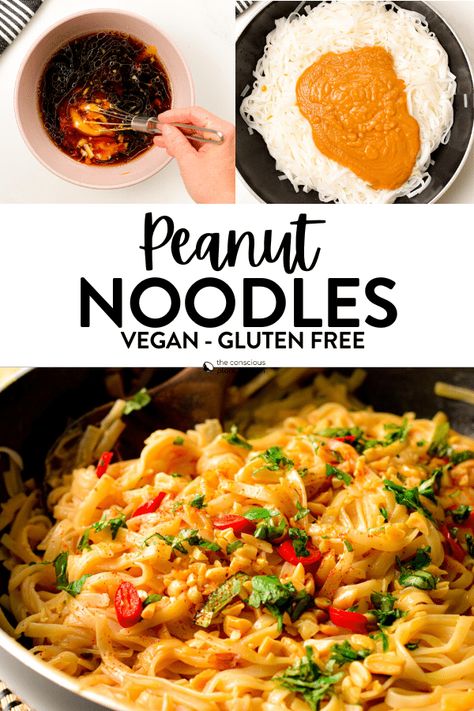 These Peanut Noodles are creamy, thai-inspired rice noodles cooked in a creamy sweet peanut sauce. If you are a fan of quick and easy noodle recipes, this one is a must-try. Gluten Free Peanut Noodles, Rice Noodle Peanut Sauce, Edamame Noodles, Peanut Sauce Noodles Vegetarian, Peanut Butter Noodles Recipe, Thai Peanut Noodles Vegetarian, Vegan Spicy Peanut Noodles, Thai Recipes Noodles, Spicy Peanut Noodles