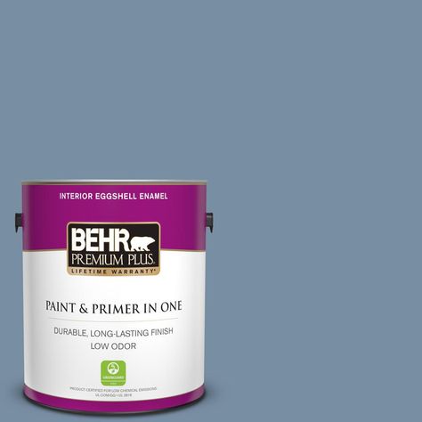 BEHR PREMIUM PLUS 1 gal. #S510-4 Jean Jacket Blue Eggshell Enamel Low Odor Interior Paint and Primer in One-240001 - The Home Depot Acoustical Ceiling, Behr Premium Plus, Cabinet Trim, Flat Interior, Paint Primer, Painted Ceiling, Cozumel, Enamel Paint, Back To Nature