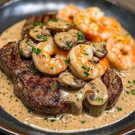 Justine kameron Recipes | STEAK AND SHRIMP WITH MUSHROOM CREAM SAUCE 🥩🍤🍄 | Facebook Filet Mignon Sauce, Justine Kameron, Mushroom Cream Sauce, Recipes Steak, Mignon Steak, Filet Mignon Steak, Mushroom Cream Sauces, Steak And Shrimp, Large Shrimp