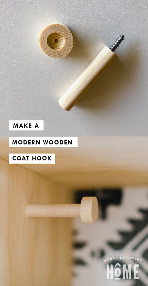 Make a Modern Wooden Coat Hook Diy Coat Hooks, Wooden Coat Hooks, Diy Wood Wall, Diy Hooks, Wood Hooks, Wooden Closet, Diy Coat, Crate Shelves, Shelving Design