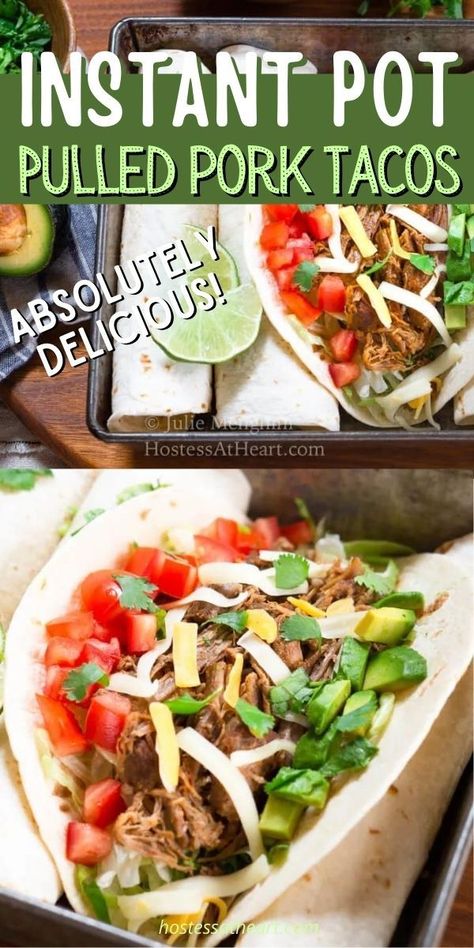 Pulled Pork Tacos Recipe, Shredded Pork Tacos, Instant Pot Pulled Pork, Pulled Pork Tacos, Electric Pressure Cooker Recipes, Pork Tacos, Meat Appetizers, Instant Pot Pork, Best Instant Pot Recipe