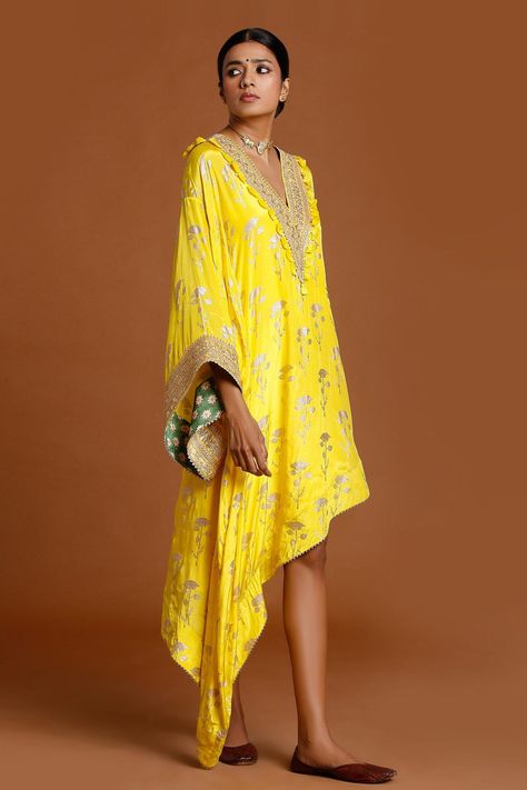 Buy Masaba Yellow Crepe Foil Print Asymmetric Kaftan Online | Aza Fashions Kaftan For Women, Periwinkle Color, Embellished Neckline, Dress Indian Style, Statement Jewellery, Rose Gold Foil, Designer Gowns, Lemon Yellow, Foil Print