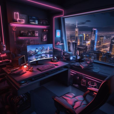 Explore these modern gaming offices, featuring neon lights, romanticized cityscape views, and detailed marine illustrations. Perfect for those who love gaming and dreamy aesthetics. #GamingOffice #CyberGeek #DreamyCityscapes #DarkSkyBlueAndPink #OctaneRender Neon Study Room, Neon Gamer Aesthetic, Office At Night, Neon Cyberpunk Desktop Wallpaper, Computer Desk Design, Cyberpunk Neon City, Cyberpunk City Neon Wallpaper Pc, Rainy Neon City, Gaming Office