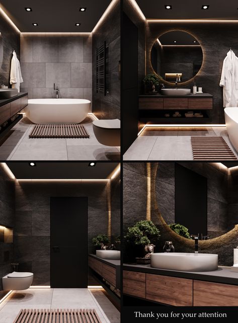 Dark Bathroom Modern, Dark Bathroom Ideas Modern, Modern Black Bathroom Design, Dark Luxury Bathroom, Bathroom Interior Design Luxury Black, Dark Bathroom Design, Dark Modern Bathroom, Bathroom Dark, Bathroom Interior Design Luxury