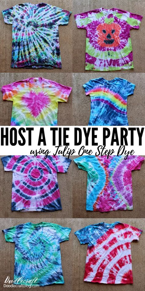 Tulip Tie Dye Instructions, Tye Dye Shirts How To, Ways To Tie Dye Shirts, How To Tie Dye Shirts Step By Step, Different Ways To Tie Dye, Cool Tie Dye Patterns Step By Step, Coloring Shirts, Tulip Tie Dye, Tie Dye Birthday Party