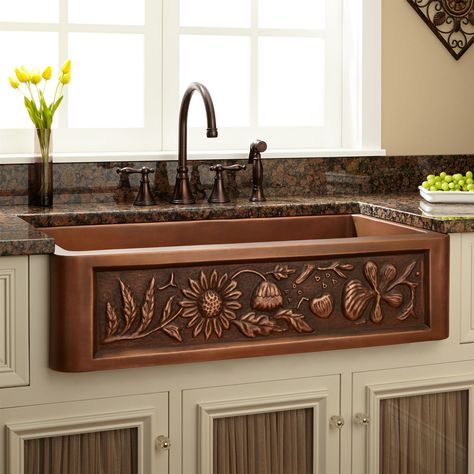 33" Vine Design 60/40 Offset Double-Bowl Copper Farmhouse Sink - Kitchen Remodel Pantry, Copper Farmhouse Sink, Paint Kitchen, Tuscan Design, Tuscan Kitchen, Mediterranean Home Decor, Tuscan Decorating, Farmhouse Sink Kitchen, Kitchen Farmhouse