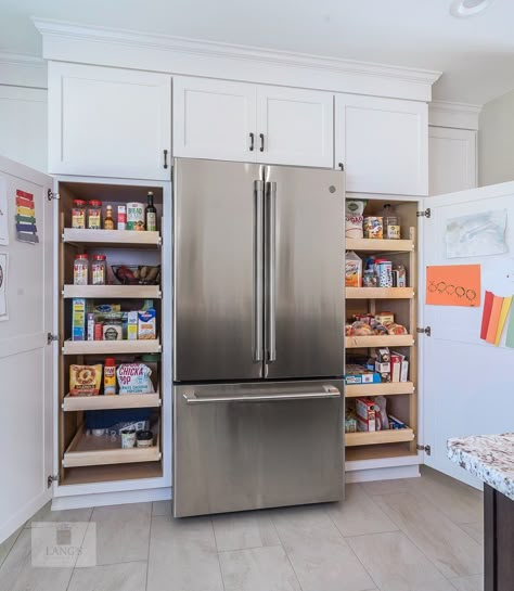 Bright Eclectic Kitchen Design in New Hope Pantry Around Refrigerator, Pantry Next To Refrigerator, Pantry Options, Pantry Storage Solutions, Eclectic Kitchen Design, Painting Kitchen Cabinets White, Cabinets Painted, New Hope Pa, Kitchen Clutter