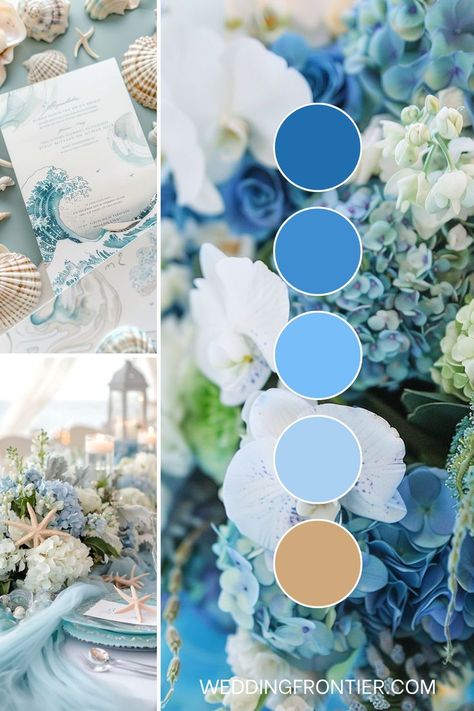 Ocean wedding theme ideas for a serene, seaside-inspired celebration. Cerulean Wedding Theme, Beach Wedding Theme Ideas Color Palettes, Ocean Side Wedding, Bali Birthday, Beach Wedding Colors Schemes, Ocean Wedding Theme, Beachfront Wedding, Beach Bridesmaid, Beach Wedding Colors