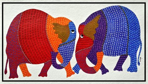 Gond on Behance Gond Art, Gond Painting, Art Frame, Elephant, Thread, Frame, Blue, White, Black