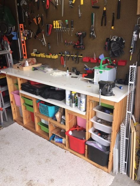 Simple Workbench From Ikea Trofast Shelving - Instructables Trofast Garage, Ikea Work Table, Simple Workbench, Ikea Shelving, Garage Organization Shelves, Trofast Storage, Ikea Dining Table, Ikea Trofast Storage, Kids Workbench