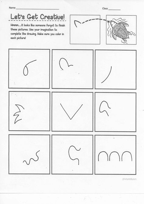 Sub Plans For Art Elementary, Art Early Finishers Elementary, Kindergarten Art Worksheets, Art Sub Plans Elementary, Elementary Art Sub Plans, Middle School Worksheets, Creativity Activities, Finish The Drawing, Random Lines