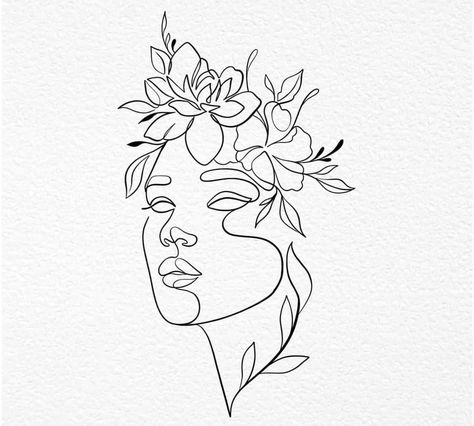 Single Line Art Tattoo, Minimalist Line Art Woman, Face With Flowers, Spiral Drawing, Face Line Drawing, Female Face Drawing, Line Art Flowers, Line Art Tattoos, Small Drawings