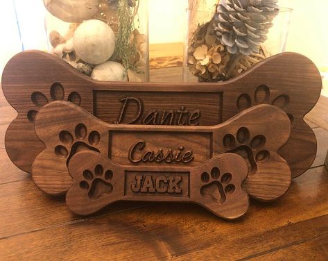 Name Plates For Home, Dog Name Tags, Light Colored Wood, Dog Collar Tags, Wood Dog, Cnc Projects, Pet Crate, Dog Bones, Pet Signs