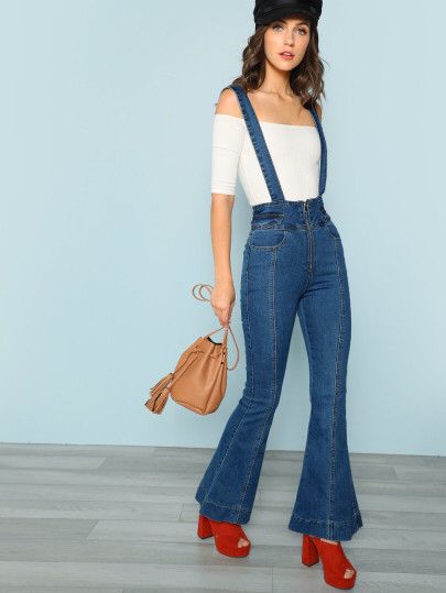 Denim Suspender Flare Jean Pants Only US$36.00 Suspender Pants Outfit, Pinafore Jumpsuit, Denim Suspenders, Flare Jeans Style, Ghibli Artwork, Suspender Pants, Jean Pants, Vintage Pants, Denim Overalls