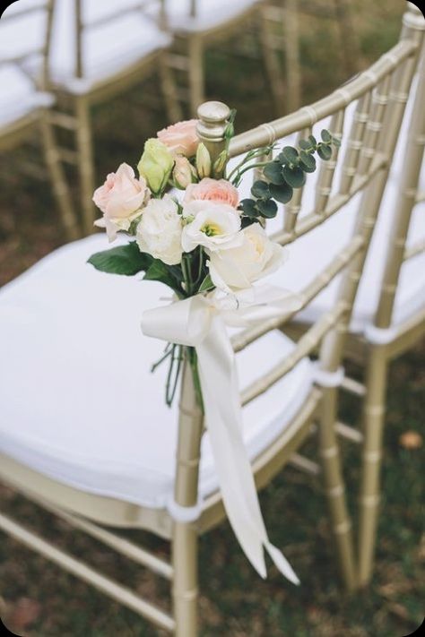 Simple Wedding Chair Decorations, Wedding Chair Decorations Diy, Tiffany Chairs, Wedding Ceremony Chairs, Tiffany Chair, Gold Tiffany, Ceremony Aisle, Ceremony Chairs, Aisle Flowers