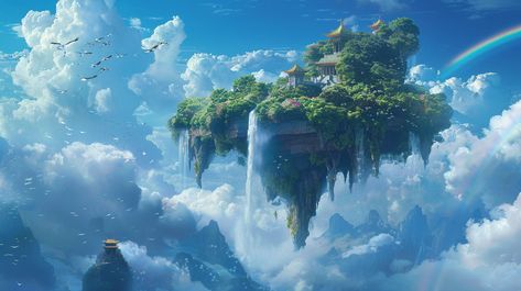 Fantastical Landscape with Floating Island and Ancient Temple Floating Island Landscape, Iridescent Feathers, Floating Islands, Inspirational Digital Art, Dreamy Atmosphere, Ancient Temple, Floating Island, Photography Movies, Landscape Features