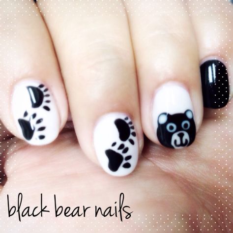 Black bear nails. Couldn't find any 'black bear' nail designs to show my manicurist, so she created her own. She's talented like that. =) Black Bear Nails Designs, Black Bear Nails, Bear Nail Ideas, Moose Nails, Bear Nails Designs, Mountain Nails, Camp Nails, Claw Nails Designs, Bear Nail Art