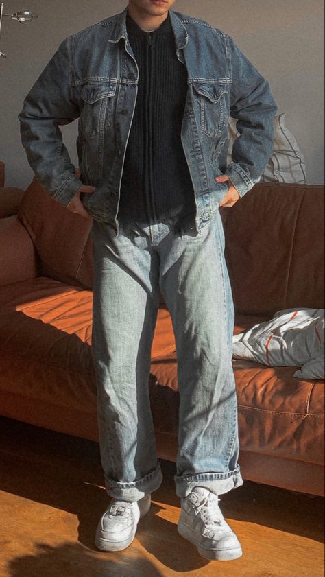 Denim Aesthetic Men, Denim Outfit Men Aesthetic, Men 90s Outfit, 90s Outfit Men, Wide Leg Outfit, Denim Aesthetic, Denim Outfit Men, Minimal Streetwear, Classy Outfits Men